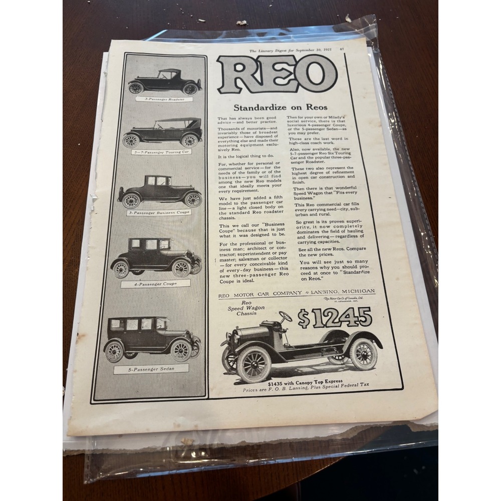 1921 Vintage REO Motor Car Print Ad Packers Tar Soap Antique Automobile Ephemera